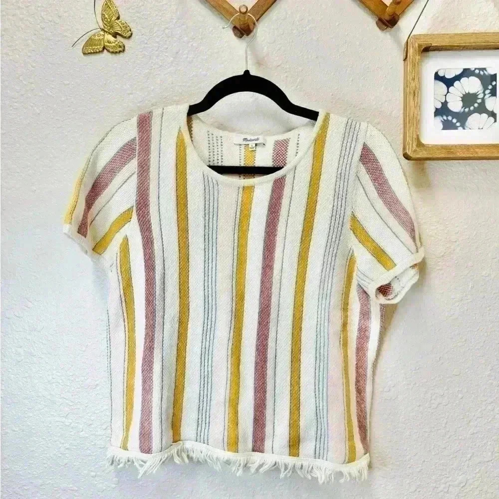 Madewell White Striped Short-Sleeve Knit Top with Fringe